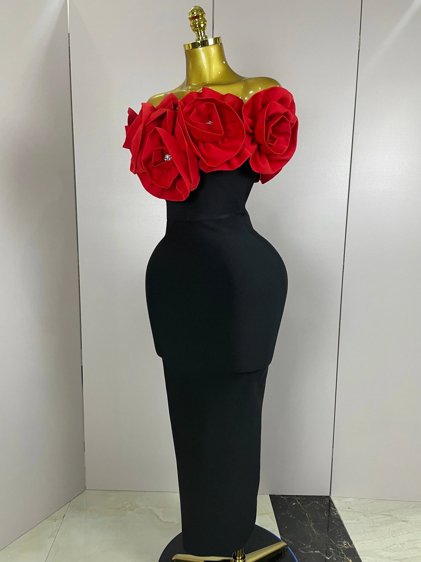 Red Flowers Sexy Off The Shoulder Ankle Lenght Bandage Dress Woman Birthday Party Vestido Wedding Party Outfit