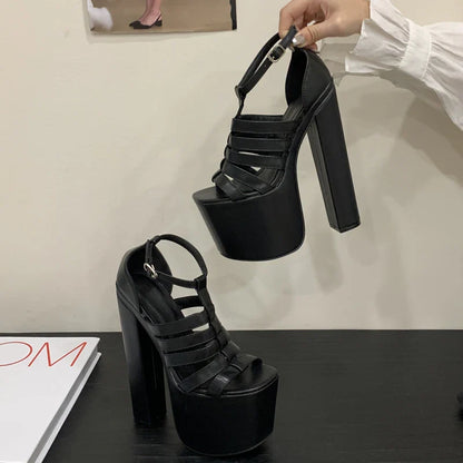 Sexy Hollow-out Ultra High Heels Design Narrow Band Buckle Strap Sandals Women Shoes Peep Toe Nightclub Zapatos Mujer