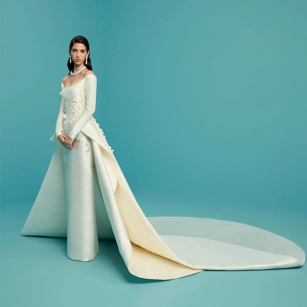 Luxury Wedding Dress Off the Shoulder Long Sleeves Column Wedding Gown with Detachable Train Flowers Beaded Bridal Dresses Satin
