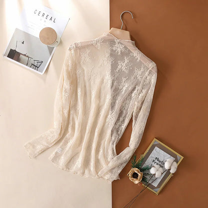 Elegant Sexy Women's Mesh T-Shirts Long Sleeve Lace See Through Blouse Versatile Bottoming Shirt Girls Sheer Tees Body Crop Top