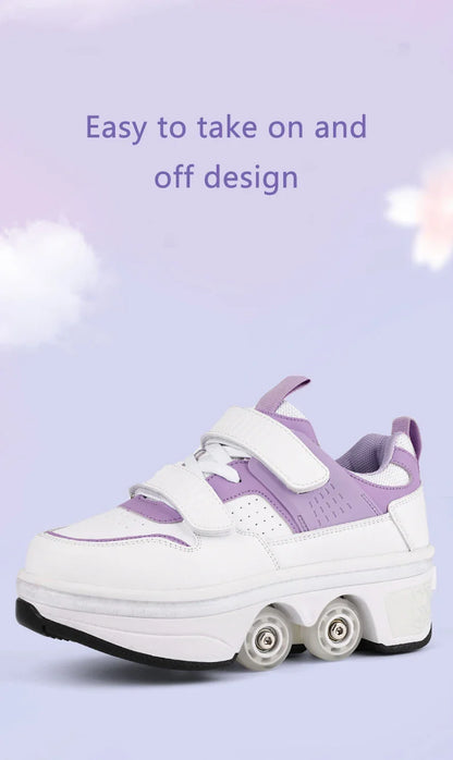 Children Wheels Shoes Roller Sneakers With 4 Wheels Skates Adult Runaway Parkour Deformation Shoes For Women Men Youth Kids Gift