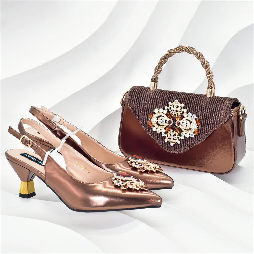 New Fashion Women Shoes and Bags To Match Set Nigeria Party Nigeria Italian Shoes and Matching Bags Decorated with Rhinestone