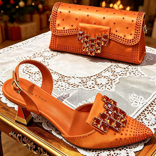 Orange Rhinestone High Heels with Matching Handbag - Elegant Pointed-Toe Women's Shoes Perfect for Parties