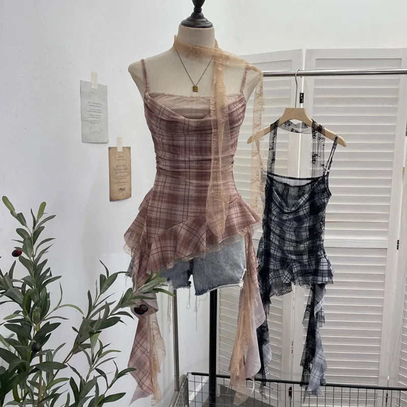 Y2K Plaid Camisole for Women Summer Casual Lace Scarf Breathable Stretch Mesh Patchwork Asymmetrical Ruffle Slim Tops