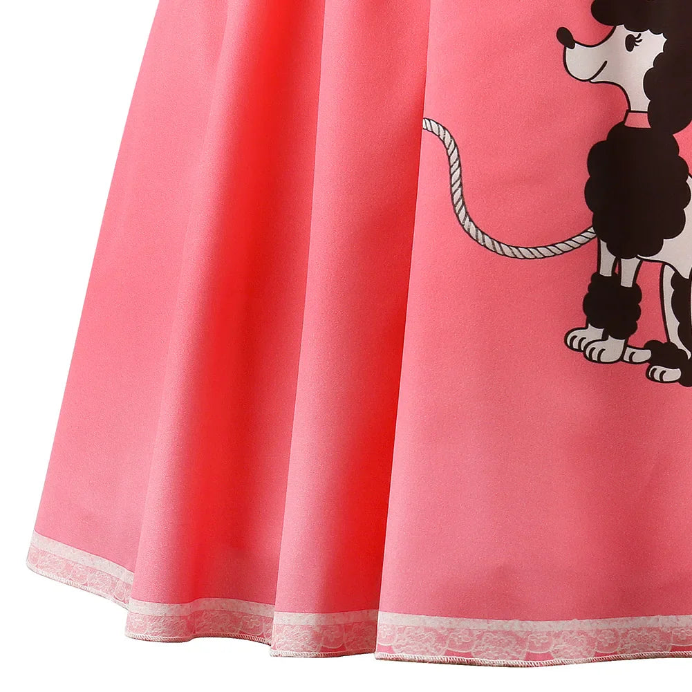Girls Party Dresses Summer Dress Poodle Print Polka Dot Vintage Dress With Scarf Outfit Girls Casual Summer Dresses Birthday