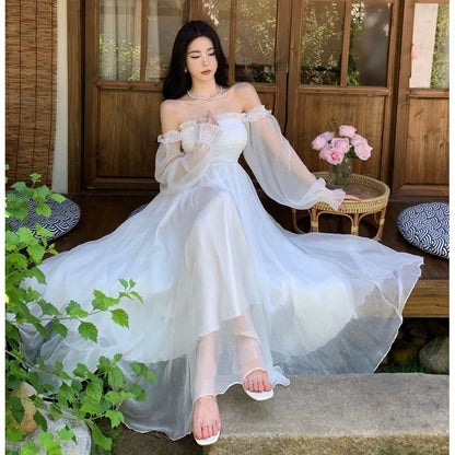 Elegant Maxi Dresses For Women White Off Shoulder Puff Long Sleeve Elastic High Waist Party Gown Ruffle Holiday Dress