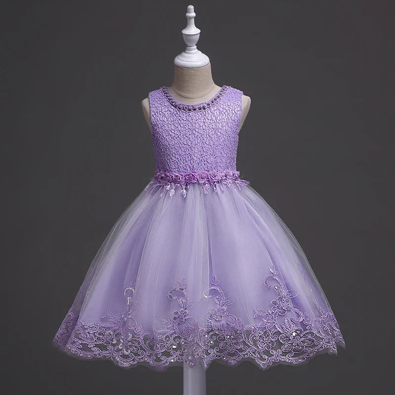 Girl Princess Dress of Korean style sleeveless beaded children's dress dress princess dress lace dress performance