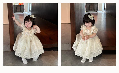 Vestido de princesa Lolita francês para meninas, vestido novo estilo verão para um ano de idade, lindo vestido branco de manga curta para menina fofa