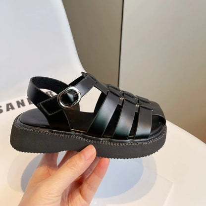 Children's Summer Sandals Girls Woven Baotou Princess Shoes Non-slip Hollow Roman Soft Sole Leather Shoes Buckle Roman Slippers