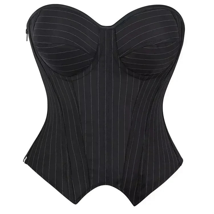 Black Striped Zipper Overbust Corset and Bustier Shapewear Top for Women Office Lady Corselet