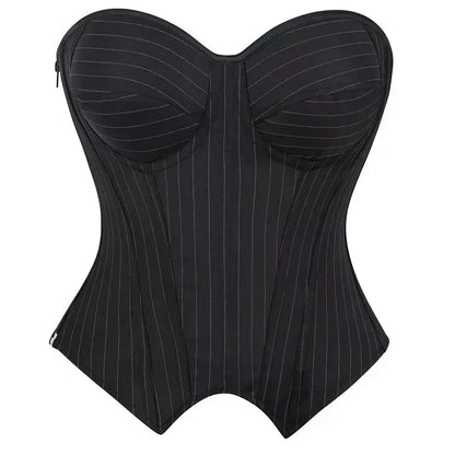 Black Striped Zipper Overbust Corset and Bustier Shapewear Top for Women Office Lady Corselet