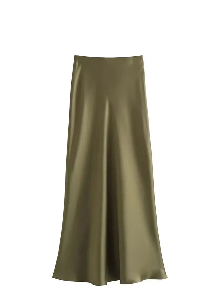 2024 Y2K Casual Women Long Skirt Spring Elastic High Waisted A-Line Casual Female Satin Skirts High Street Lady Skirts