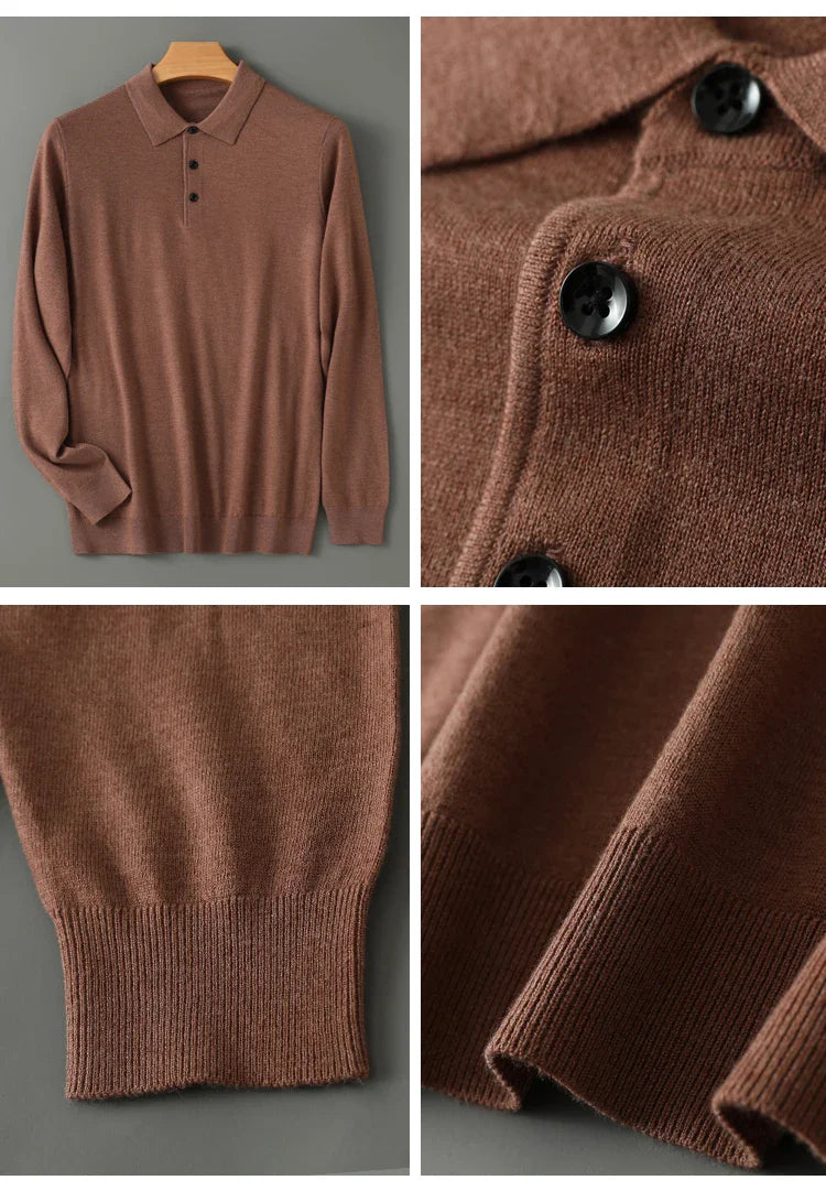 Spring Autumn Men Shirt  Merino Worsted Wool Knitted Pullover Long Sleeve Polo-Collar Clothing Tops Smart Casual Thin Outerwears
