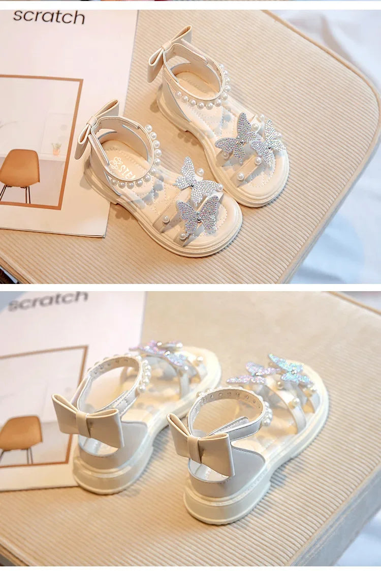 Kids Roman Sandals 2024 New Girls'  Princess Shoes with Butterfly Girl Fashion Sweet Pearl Beach Shoes with Back Knot Anti Slip