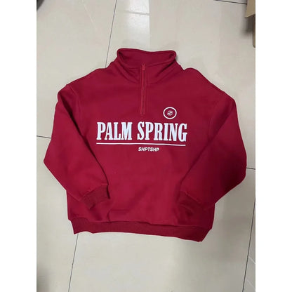 Spring Hoodies Women Letter Print Sweatshirt Hoodie Red Turtleneck Half Zipper Collar Pullover Tops K Pop Clothes Y2k