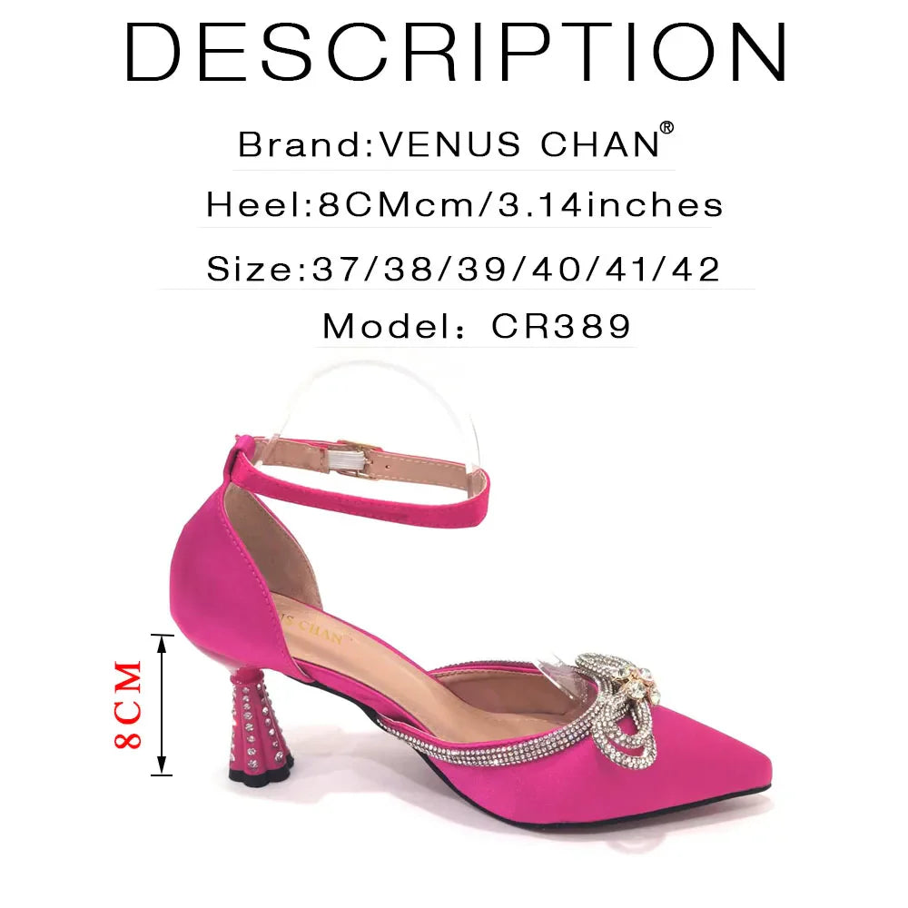 Ladies Pointed-Toe Party High Heels Magenta Colour Bow Rhinestone Stereo Bag Evening  African Wedding Shoe And Bag Set