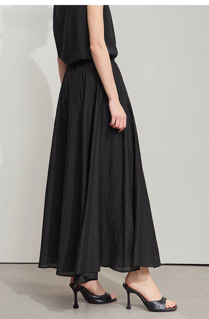 Minimalist New Summer Knee Length A-line Skirt Women Adjustable Drawstring Solid Color Commuting Style Loose Skirt 12522025