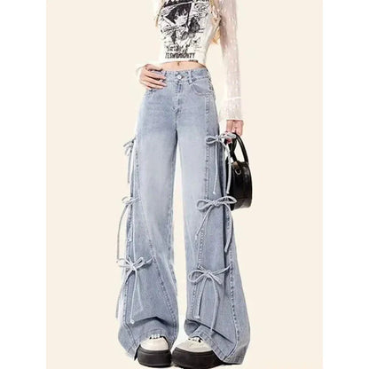 Women Vintage Streetwear Bow Bandage Wide Leg Denim Pants