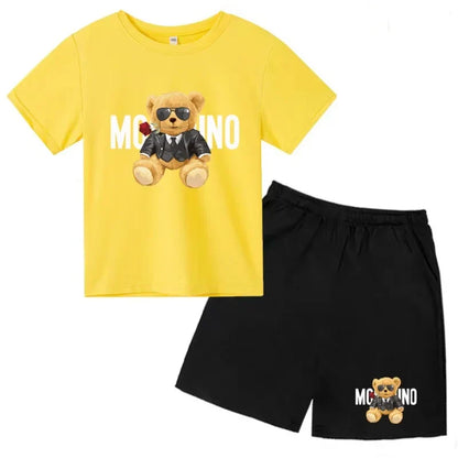 Boys Girls Summer Casual 2Pcs Set Lovely Bear Letter Print T-shirt & Shorts Comfortable Sports Running Suit