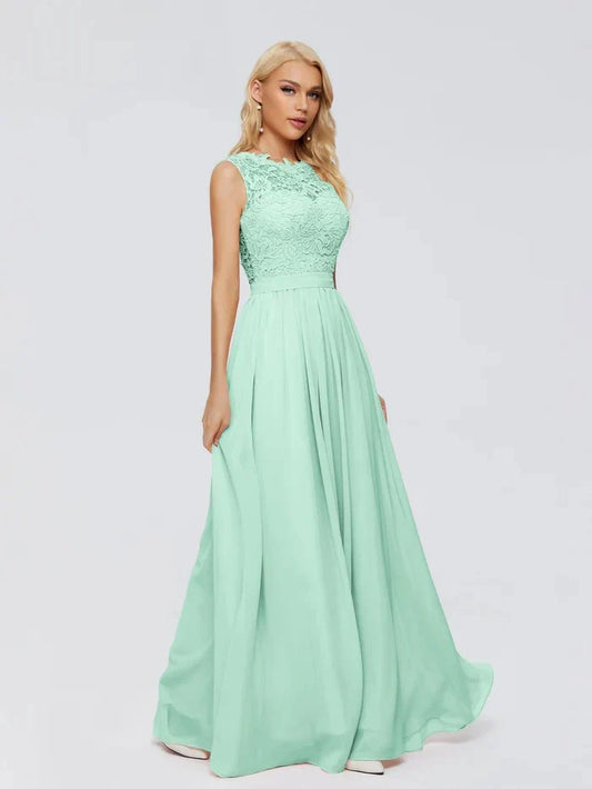 Elegant Mint Green Bridesmaid Dress with Floral Lace Bodice & Flowing Chiffon Skirt - Sleeveless Formal Gown for Wedding Party