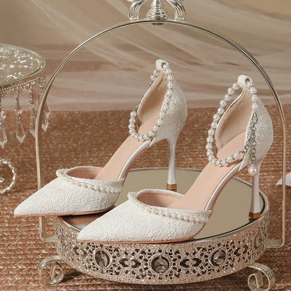 Size 30-44 Pearls Strap High Heels Lace Women White Wedding Shoes Stiletto Heel Point Toe Bride Bridesmaid