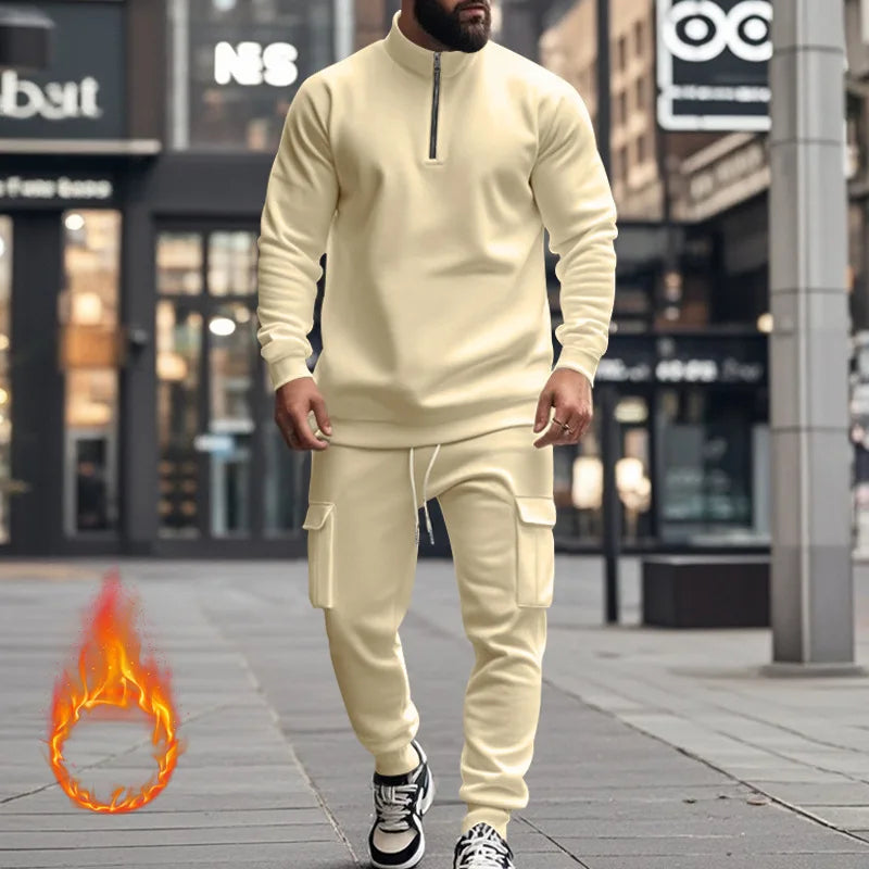 2024 autumn and winter men's casual velvet warm zipper sports trousers set