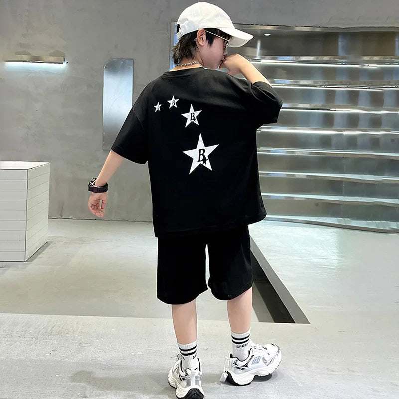 New Summer Teenager Boys Clothing Set Cotton Letter Short Sleeve T-shirt Shorts 2Pcs For 4-14 Years Kids Tracksuits Child Cloth