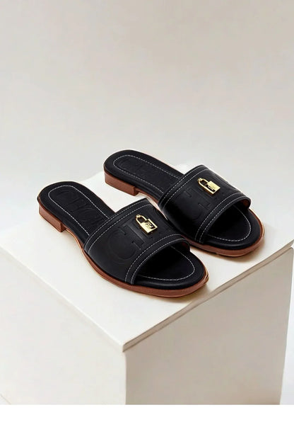 Fashion Monogram Print Elegant Design Women's Low Heeled Slippers Solid Color High Quality Metal Lock Simple Single Shoes