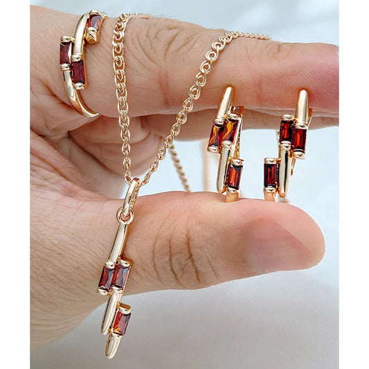 Red Natural Zircon Vintage Ring Earrings Necklace for Women Luxury 585 Rose Gold Color Daily Wear 3pcs Jewelry Sets