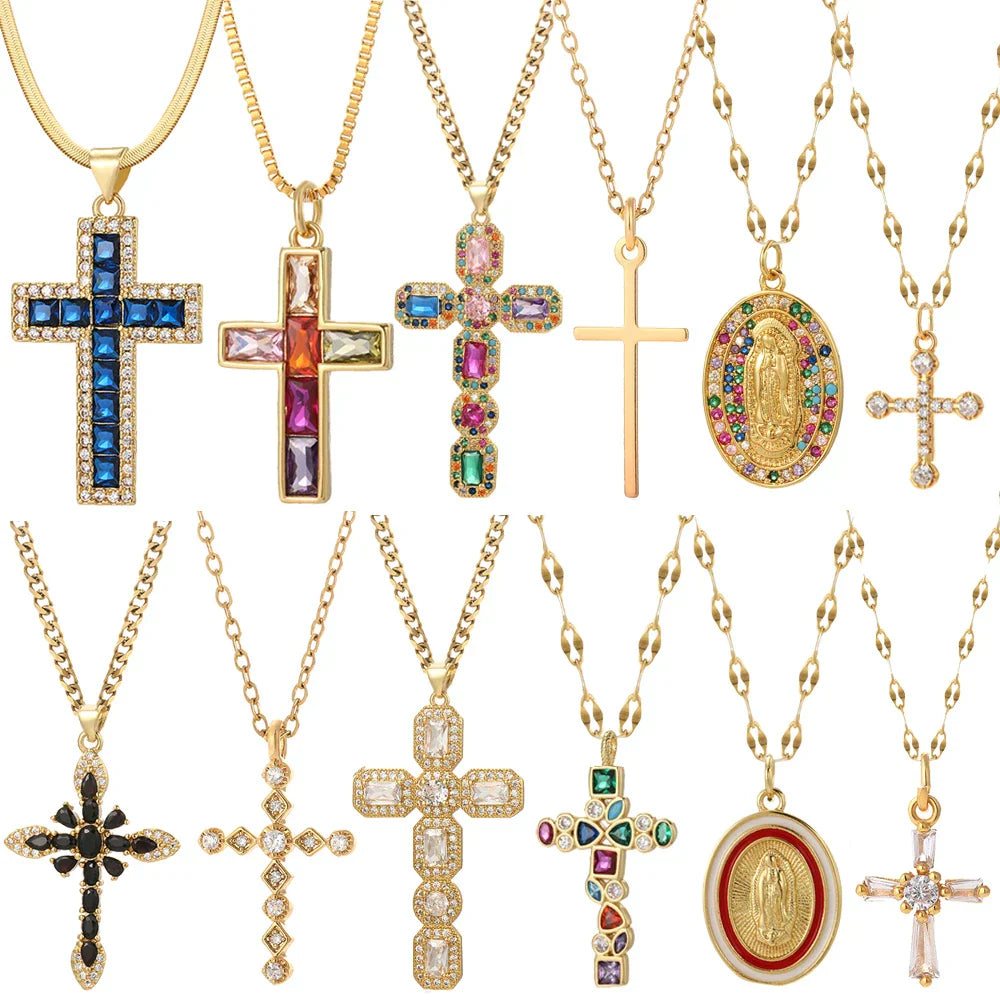 Cross Women's Pendant Collar Gold Color Our Lady Choker Jesus Necklace for Women Long Stainless Steel Chain Amulet Collars