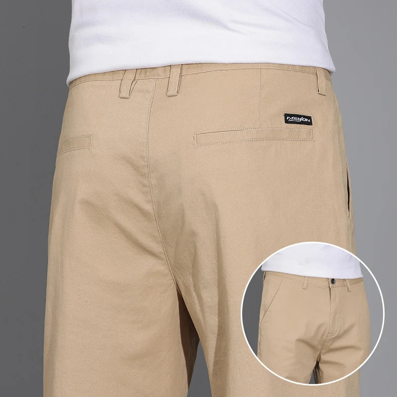 New Men's Business Cotton Thin Straight Pants Casual Elastic Slim Comfortable Male Brand Trousers Black Gray Khaki Royal Blue