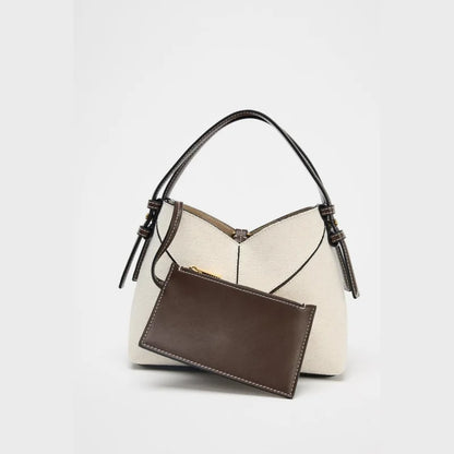 CONTRAST CANVAS MINI SHOPPER, Fashionable Bucket Bag, Designer Shoulder Handbags, Luxury Handle & Removable Crossbody Strap