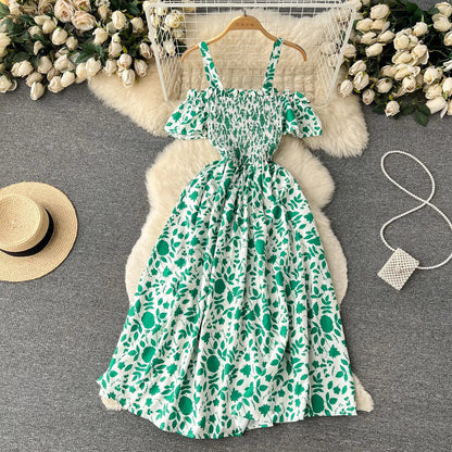 Romantic Floral Print Long Summer Dress Women Fashion Off Shoulders Straps Vacation Beach Dress Korean Party Vestidos