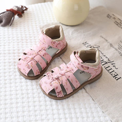 Summer Toddler Girls Floral Closed Toe Sandals Anti-collision Kids Sandal Lovely Hook-loop Sweet Children Beach Shoes 21-30
