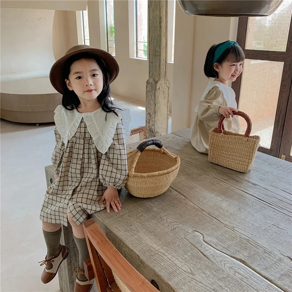 Baby Girls Dress Casual Plaid Clothes Summer New Korean Cotton Linen Girls Princess Dress Big Turn Down Collar Dress