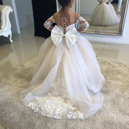 Children's First Communion Ball Gown Wedding Party Bridesmaid Dress Kids 3-9 Years Lace Tulle Flower Girl Dress Up Buttons Bows