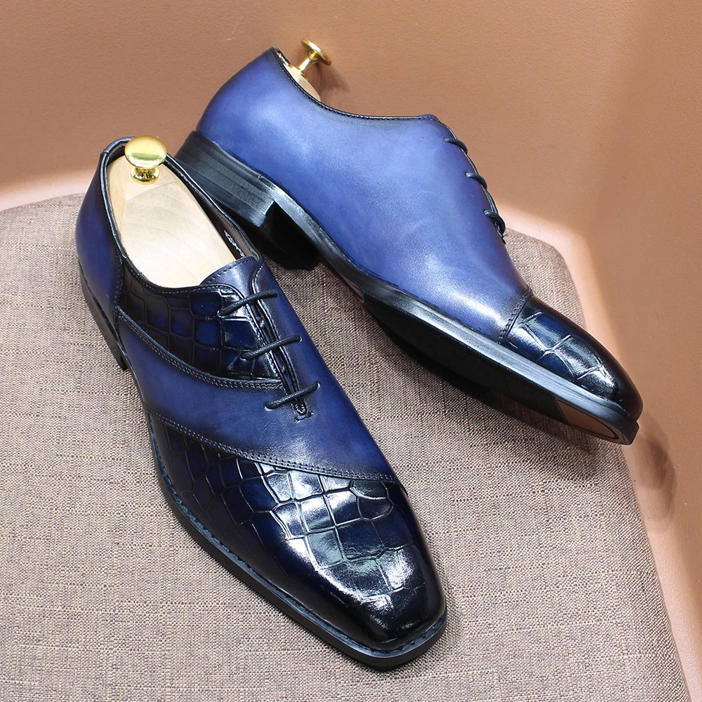 Fashion Mens Oxford Crocodile Pattern Cow Patent Leather Lace Up Wedding Party Office Formal Dress Shoes for Men Mixed Colors