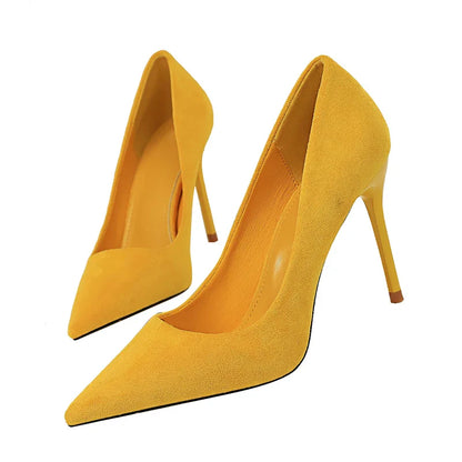 Women 9cm High Heels Pumps Stripper Flock Suede Plus Size Escarpins Lady Wedding Bridal Heels Escarpins Green Blue Yellow Shoes