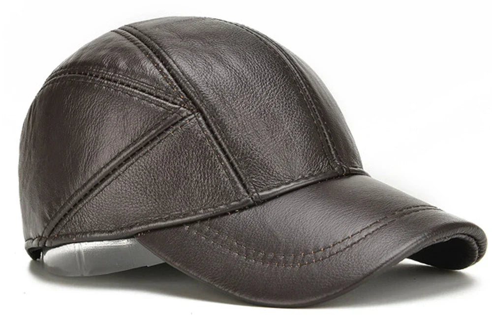 New Style Casual Real Leather Earflap Cap Men Real Cowhide Leather Caps Male Fall Winter Genuine Real Cow Leather Baseball Hats