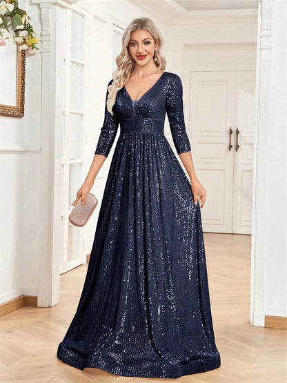 Luxury V Neck Long Sleeves Navy Blue Sequins Formal Evening Dresses Women 2025 Wedding Party Prom Maxi Cocktail Dress Gowns