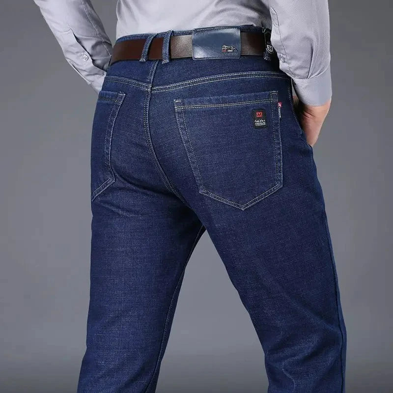 Autumn and Winter New Male Business Casual Stretch Trousers Concise Blue Denim Pants Men's Loose Straight Jeans Jeans for Man