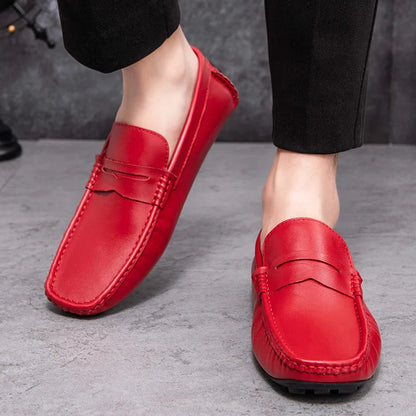 Red Loafers Genuine Leather Slip On Casual Shoes Men Natural Leather Spring Summer Italian Luxury Brand Designer