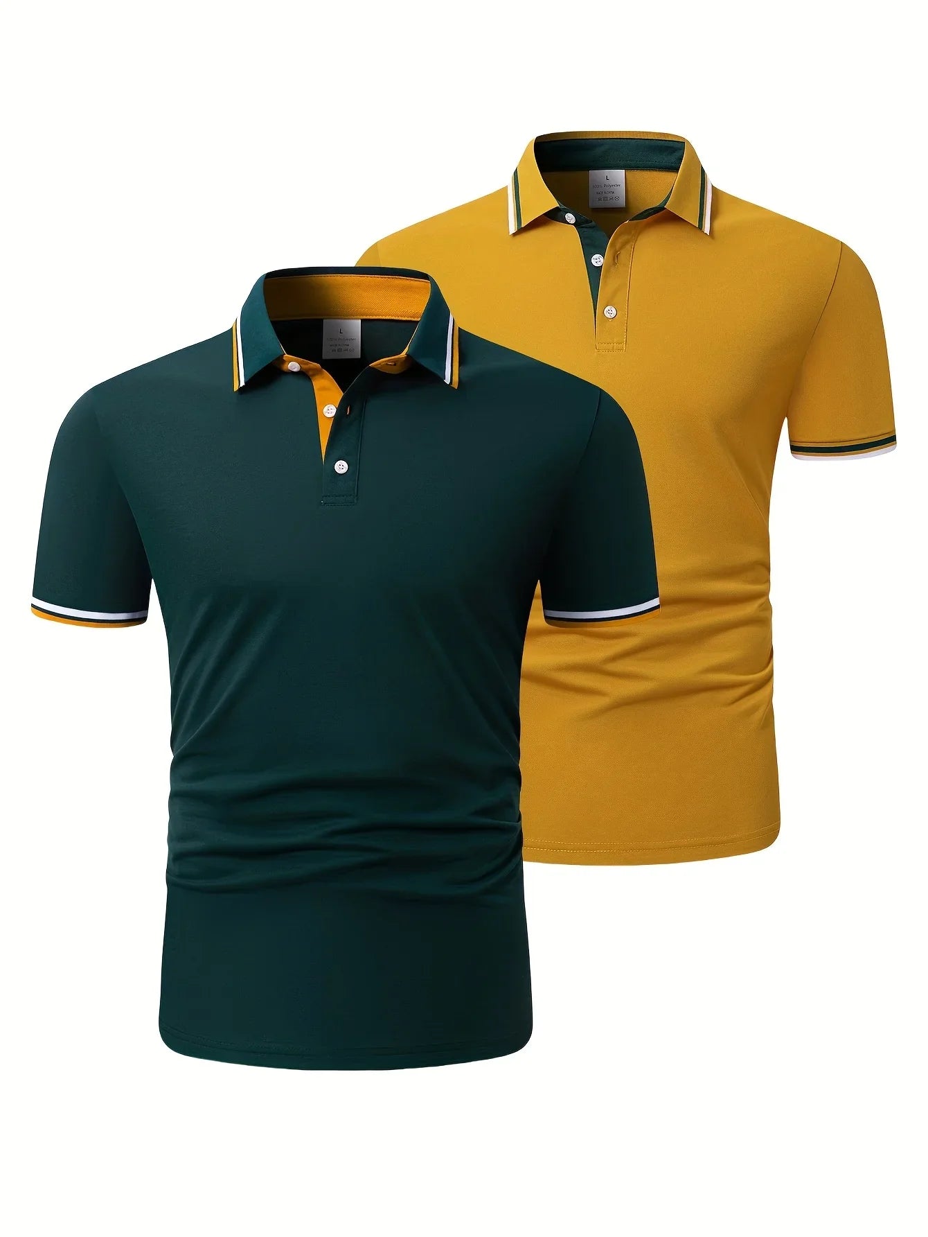 2pcs Men's Short-Sleeve Shirts with Contrast Collars - Lightweight Polyester, Pastel Blue & Pink, Turn- Collar, Button Closure,