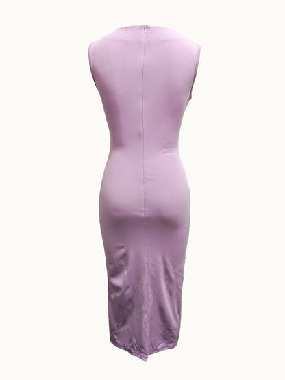 Women Classy Solid Color with Scoop Neck Split Dresses Formal Party Elegant Bodycon Dress