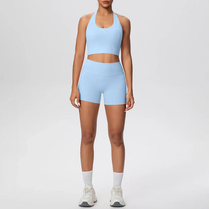 2picese Women Yoga Suit Solid Color High Waist Hip Push Up Fitness Shorts Sexy Pilates Backless Gym Hanging Neck Bra Yoga Set