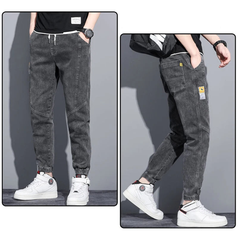 Men Jeans Elastic Tie Up Harem Denim Pants Male Bound Feet Designer Cargo Joggers Denim Trousers Daily Narrow Leg Casual Jeans