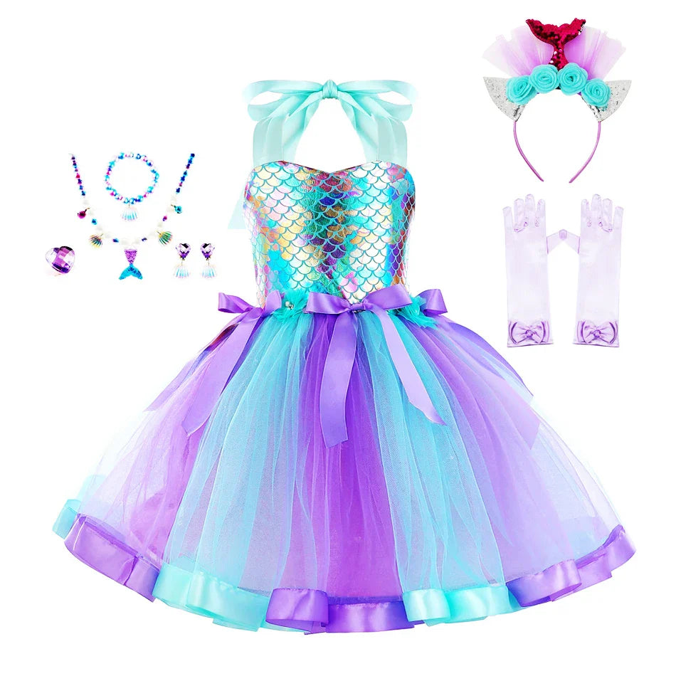 Girls Mermaid Tutu Dress Under the Sea Theme Birthday Party Halloween Cosplay Costumes with Flower Headband