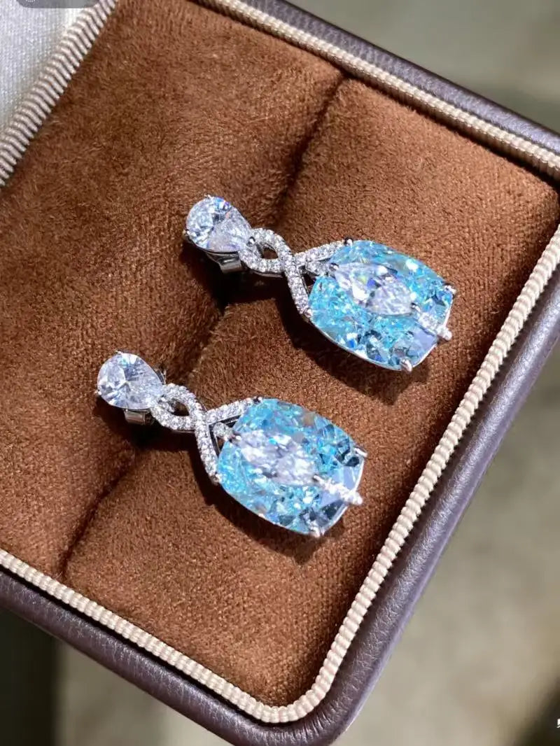 925 Sterling Silver Gold Plated Synthetic Gemstone Light Blue Paraiba Shiny Earrings for Ladies
