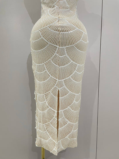Women Hot Sale Sleeveless Sexy Strap Pearl Beading Sequins Bodycon Long Dress Celebrate Evening Party Birthday Outfit Vestido