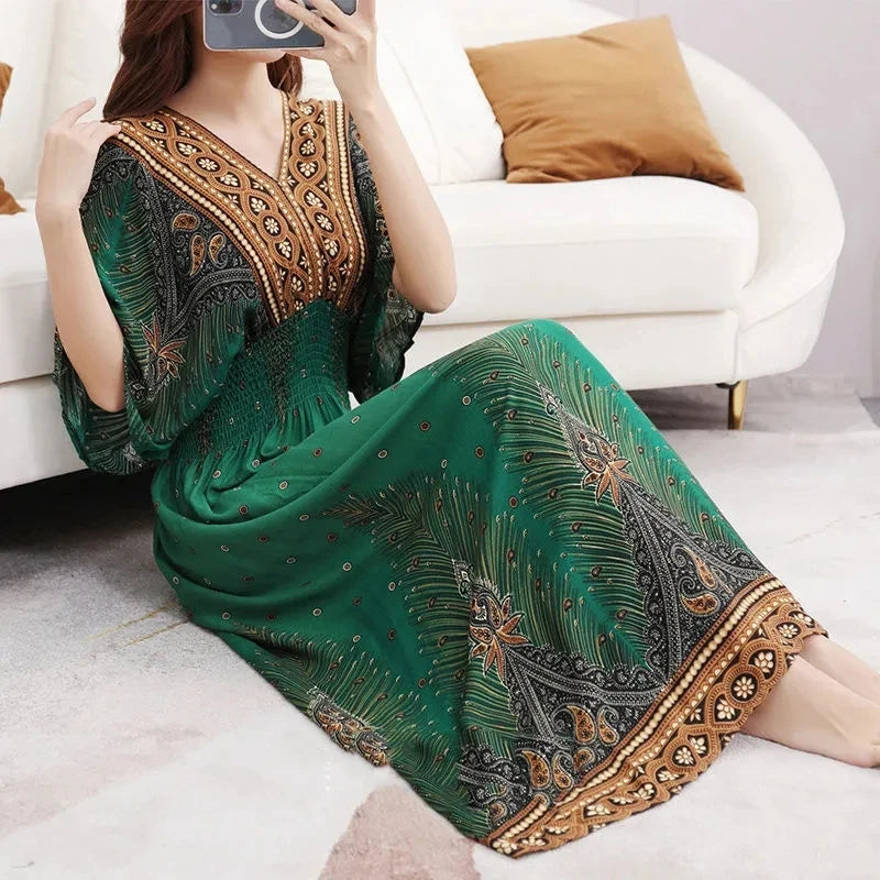 Flower V-neck Elastic Youthful Bohemian Sweet Midi Dress Woman Clothes Chic Fashion Summer Dresses 2025 Large Swing Ski